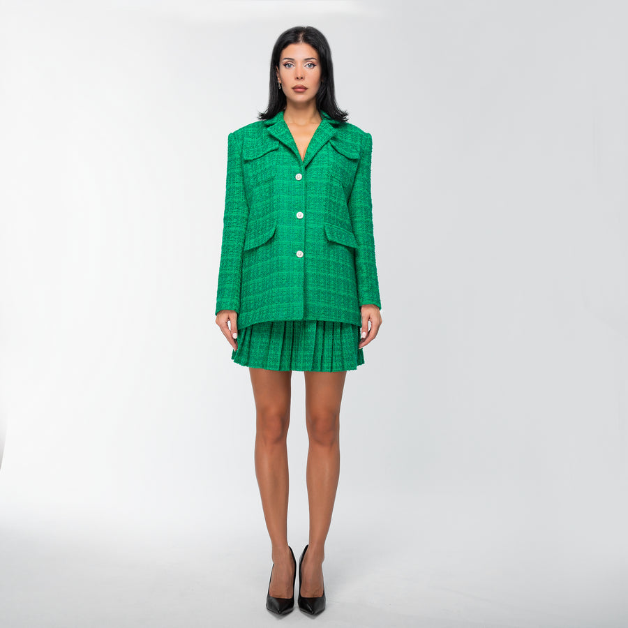 Green Tweed Diamond Button Tailored Co-ord Skirt Set